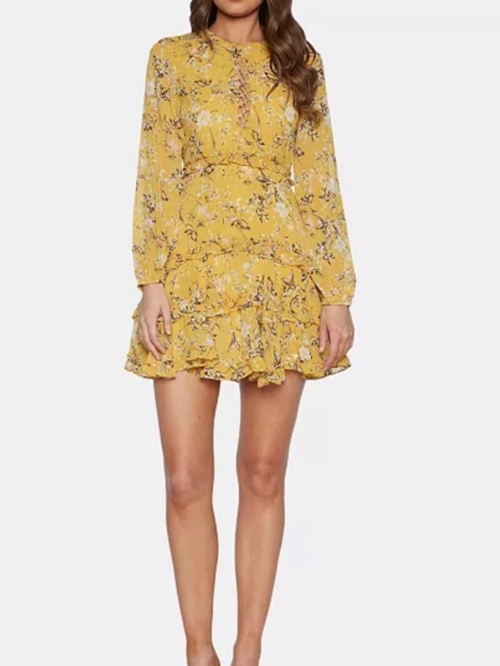 Bardot Mustard Yellow Floral Mini Dress with Ruffled Hem